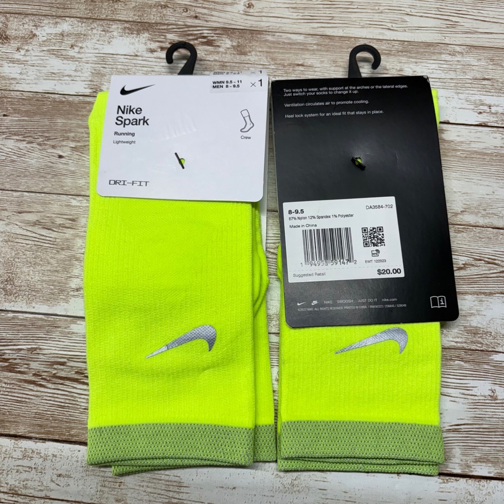 2 Nike‎ Spark Running Socks Mens 8-9.5 Neon Yellow Lightweight Crew DA3584-702